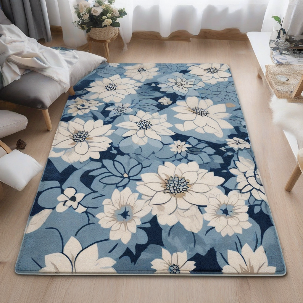 Nordic style floral area mat 2026, plush blue and beige flower rug, decorative girl room floral rug, VIKAMA plush bedroom area rug, aesthetic floral home decor mats