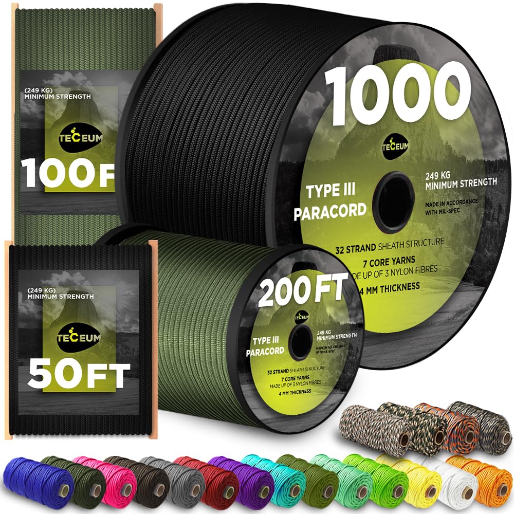 best 550 paracord type iii for survival 2026, 4mm utility camping rope multi-color options, heavy duty parachute cord for camping gear, how to choose the best paracord 550 lb, reflective survival paracord for outdoor camping