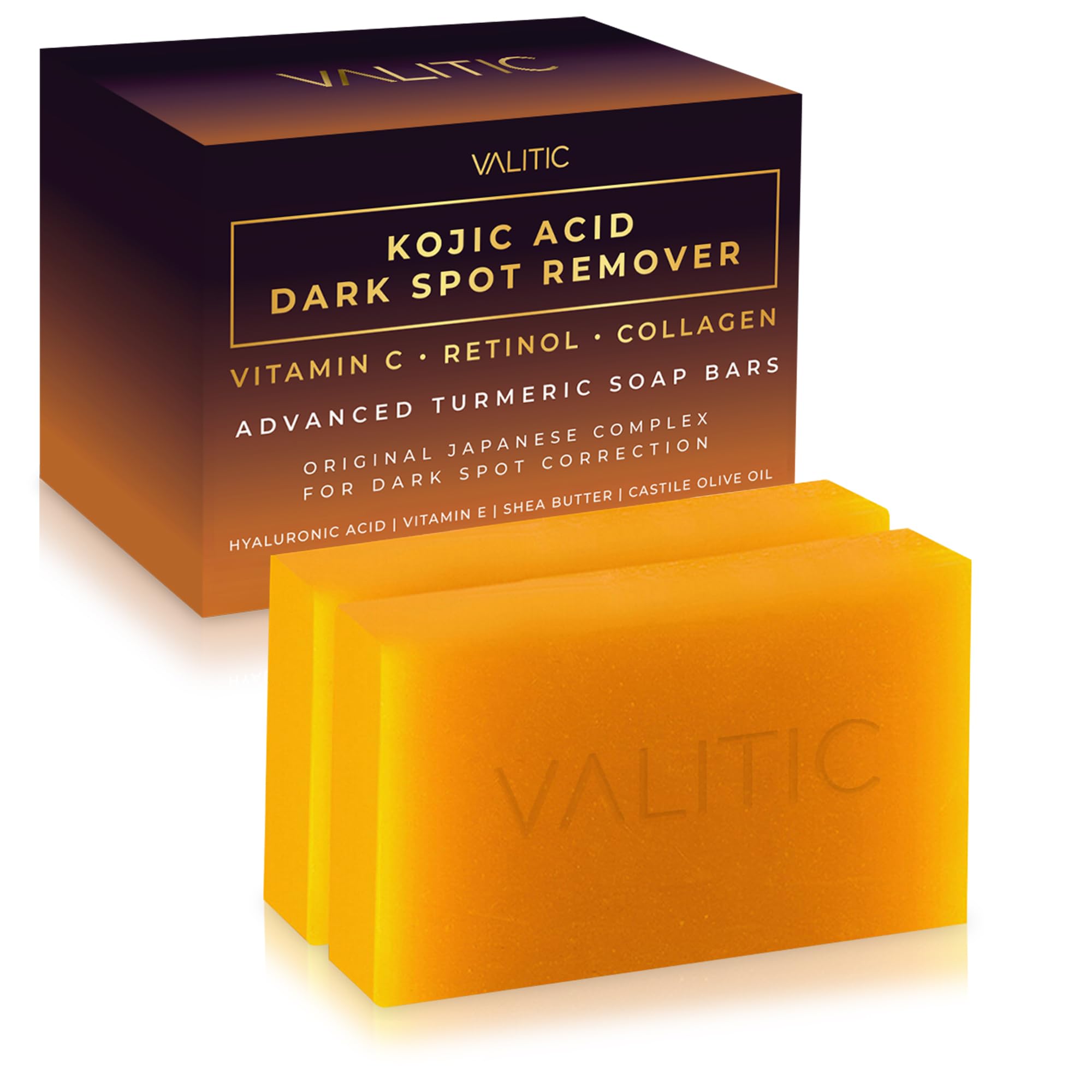 VALITIC Kojic Acid Dark Spot Remover Soap Bars, Turmeric Bar Soaps 2 Pack | Original Face and Body Wash Bath Soap for Women a