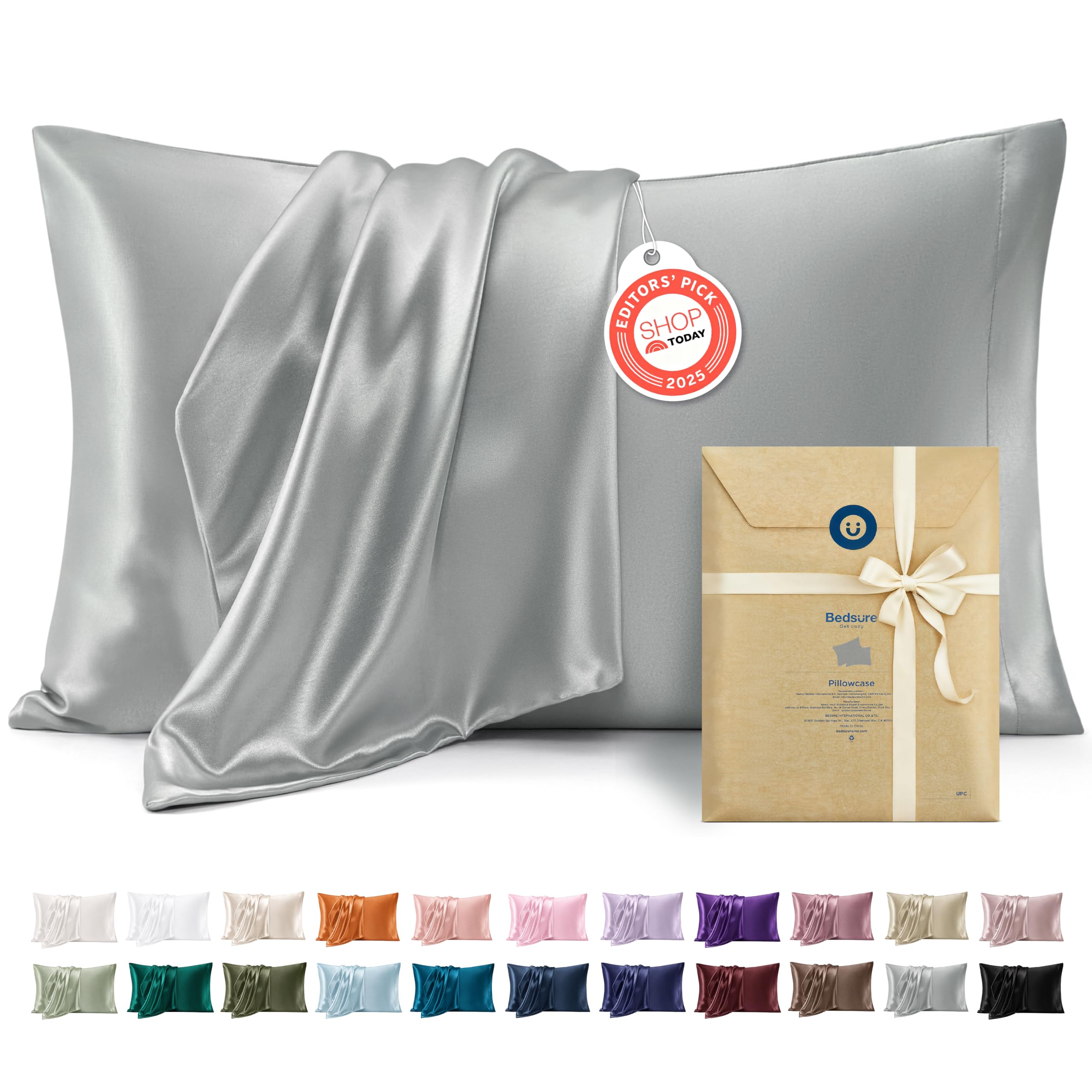 Bedsure Satin Pillowcases Queen Set of 2, Similar to Silk Pillow Cases Grey | Reduces Hair Frizz & Skin Friction, Decorative
