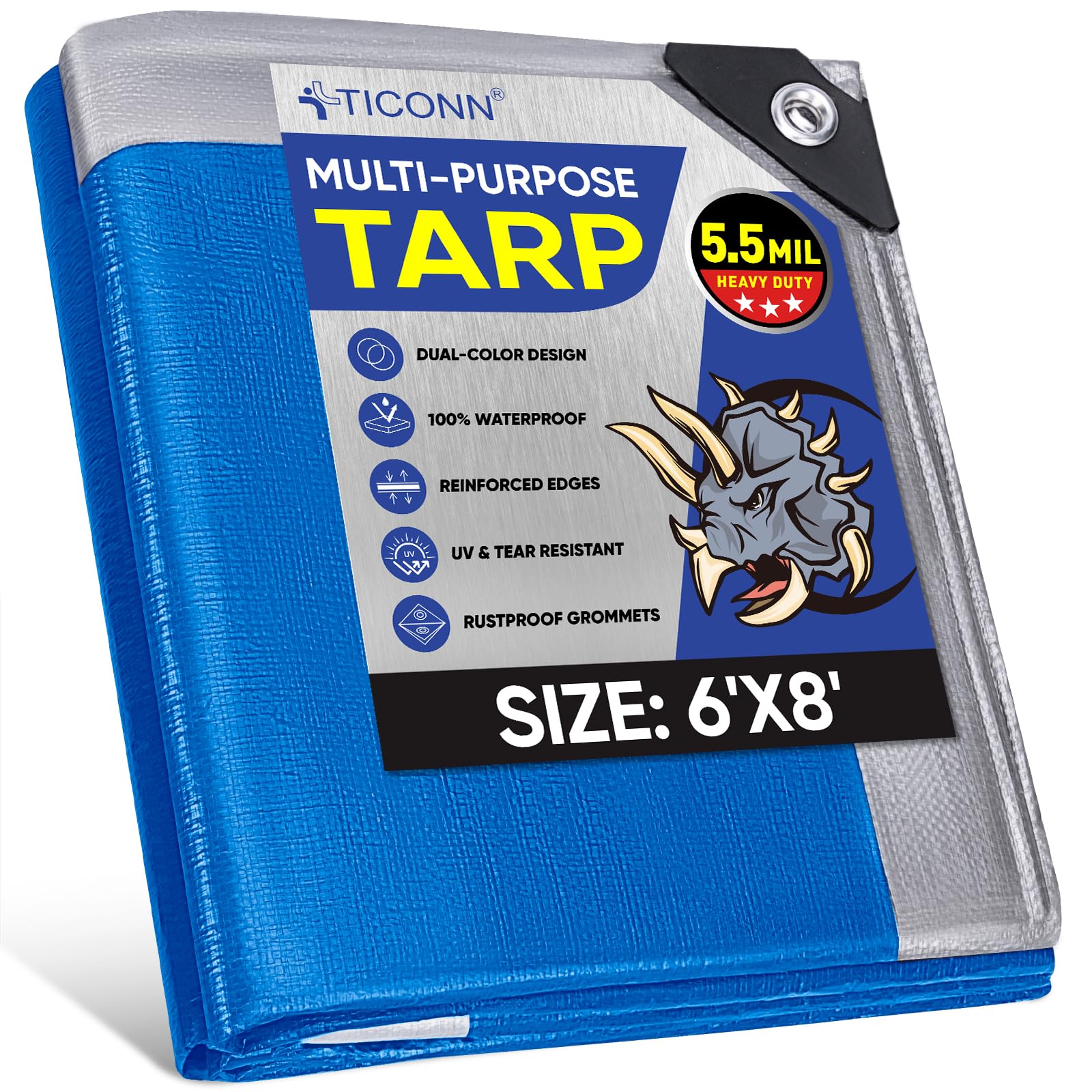 TICONN Heavy Duty Tarp Cover Waterproof, Extra Thick UV Resistant Tarpaulin | 5.5 Mil-6'x8', Double-Sided Tear-Resistant Mate