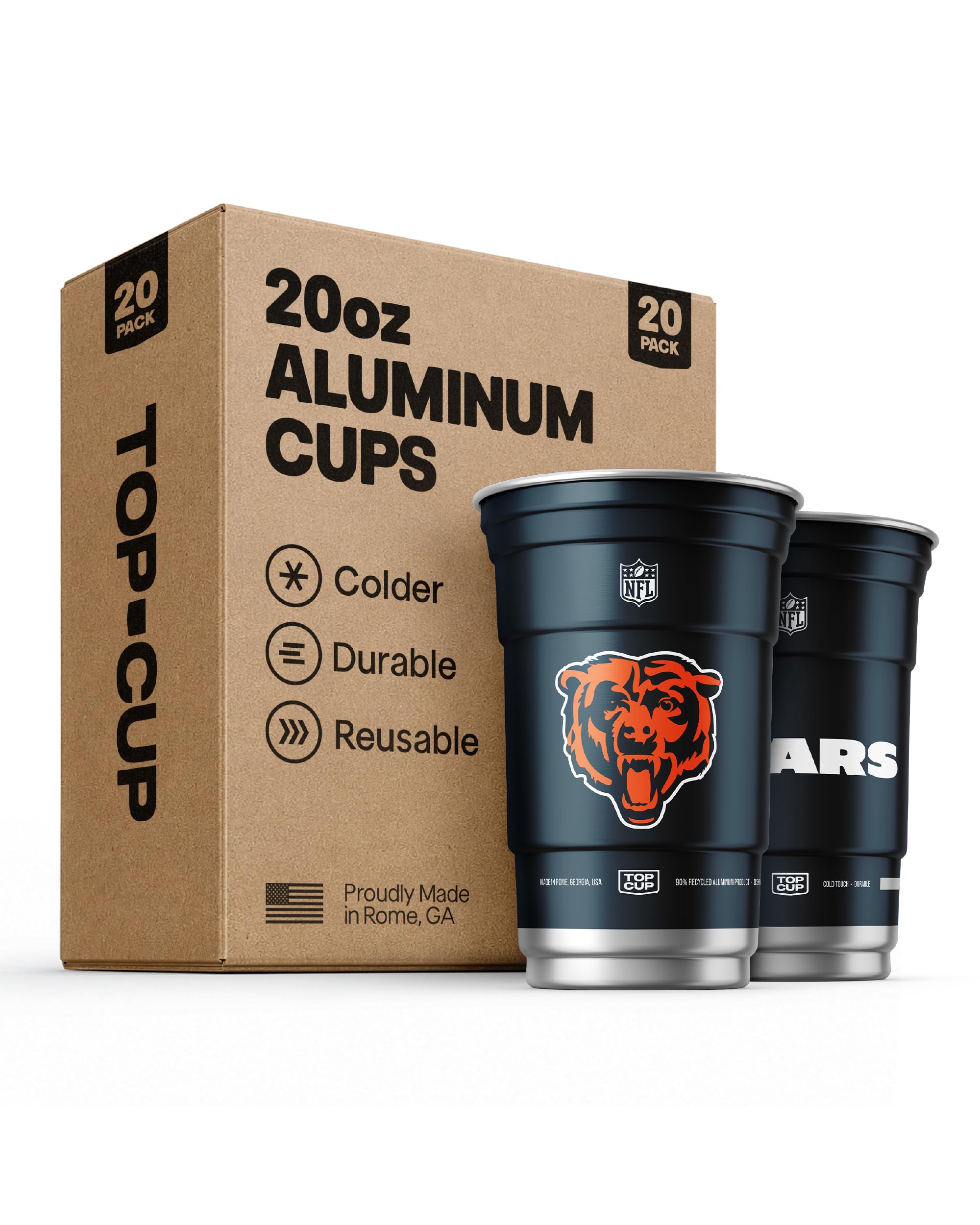 Top Cup NFL Chicago Bears Aluminum Party Cups, 20oz, 20 Count | Made in the USA, Colder, Durable, Reusable, Recycleable, Dish