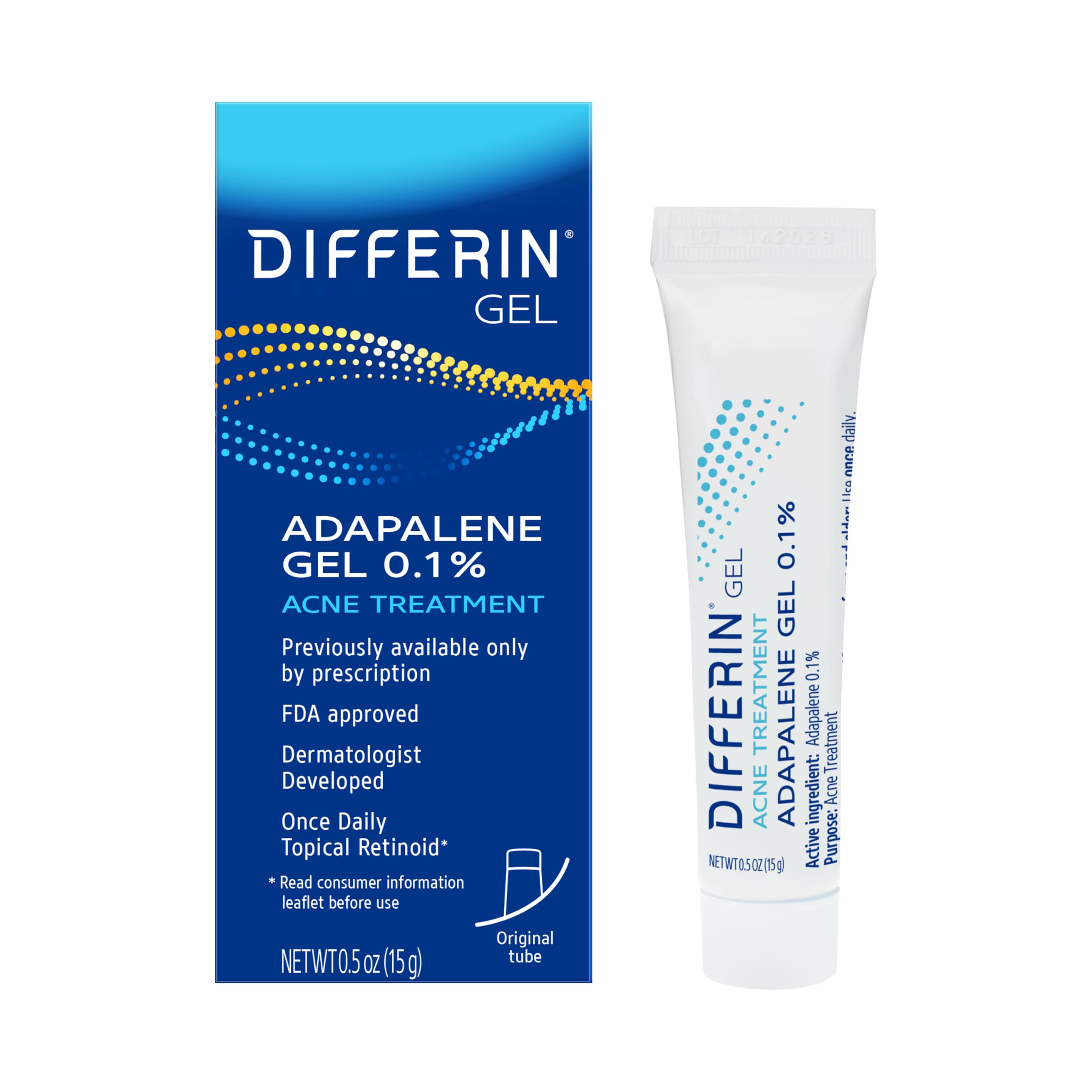 Differin Acne Retinoid Treatment Gel, 0.1% Adapalene, 15g Tube | Over-The-Counter Retinoid, Clears Acne And Prevents Breakout