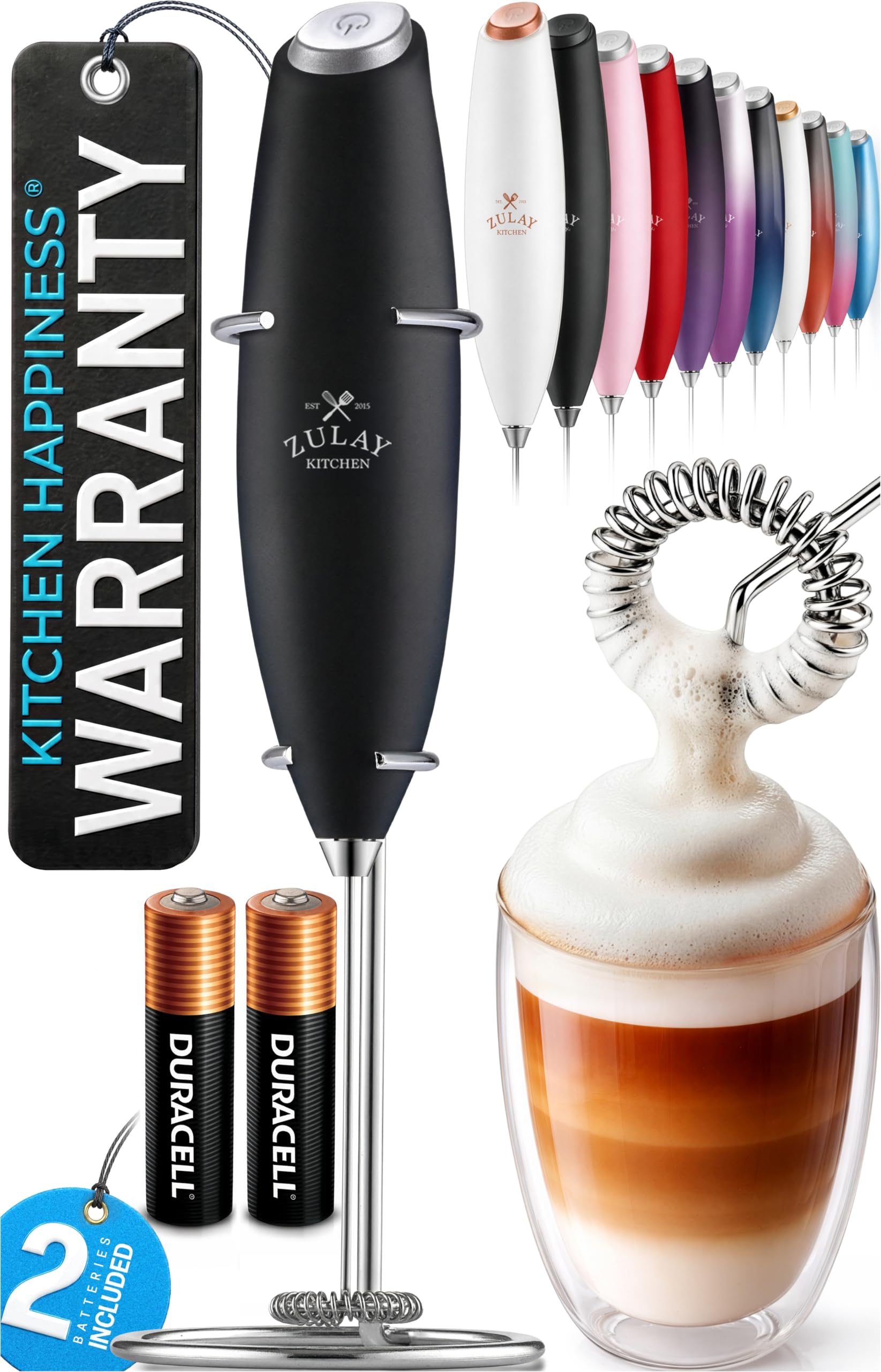 Zulay Kitchen Powerful Milk Frother Wand With Duracell Batteries - Ultra Fast Handheld Drink Mixer - Electric Whisk Foam Make