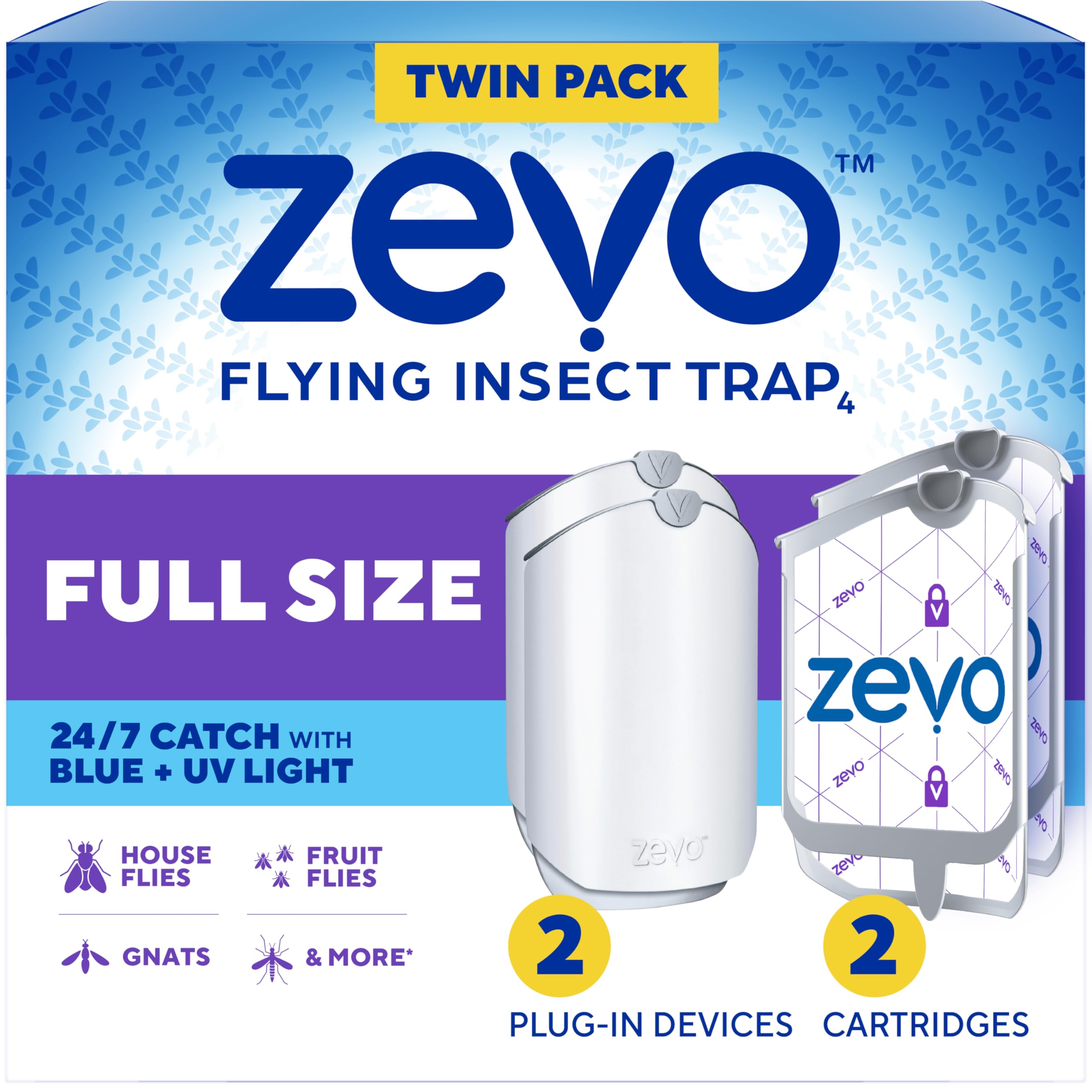 Zevo Flying Insect Trap for Fruit Flies & Gnats, 2 Plug-in Bases, 2 Refills | Catches Fruit Flies & Gnats Near Fruit Bowls &